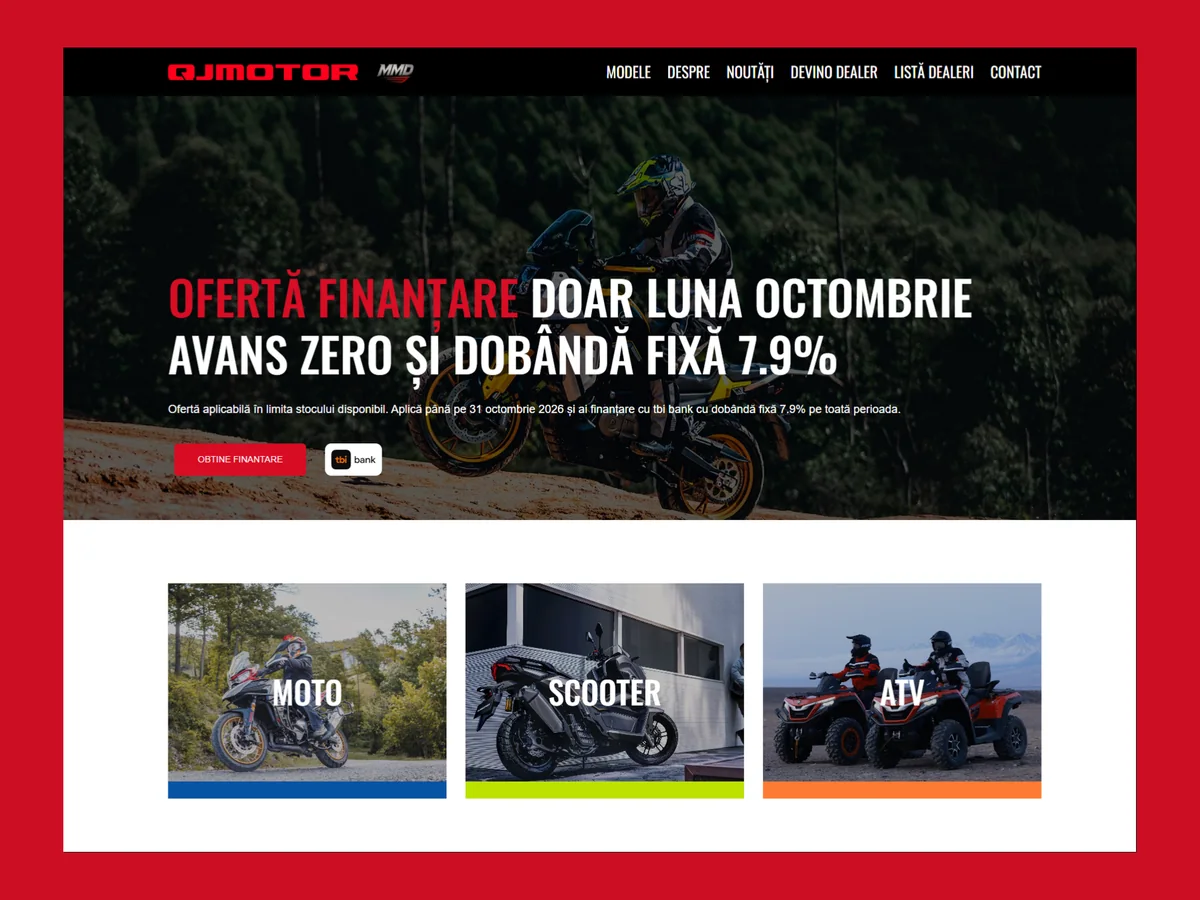 QJ Motor Romania homepage with a motorcycle hero